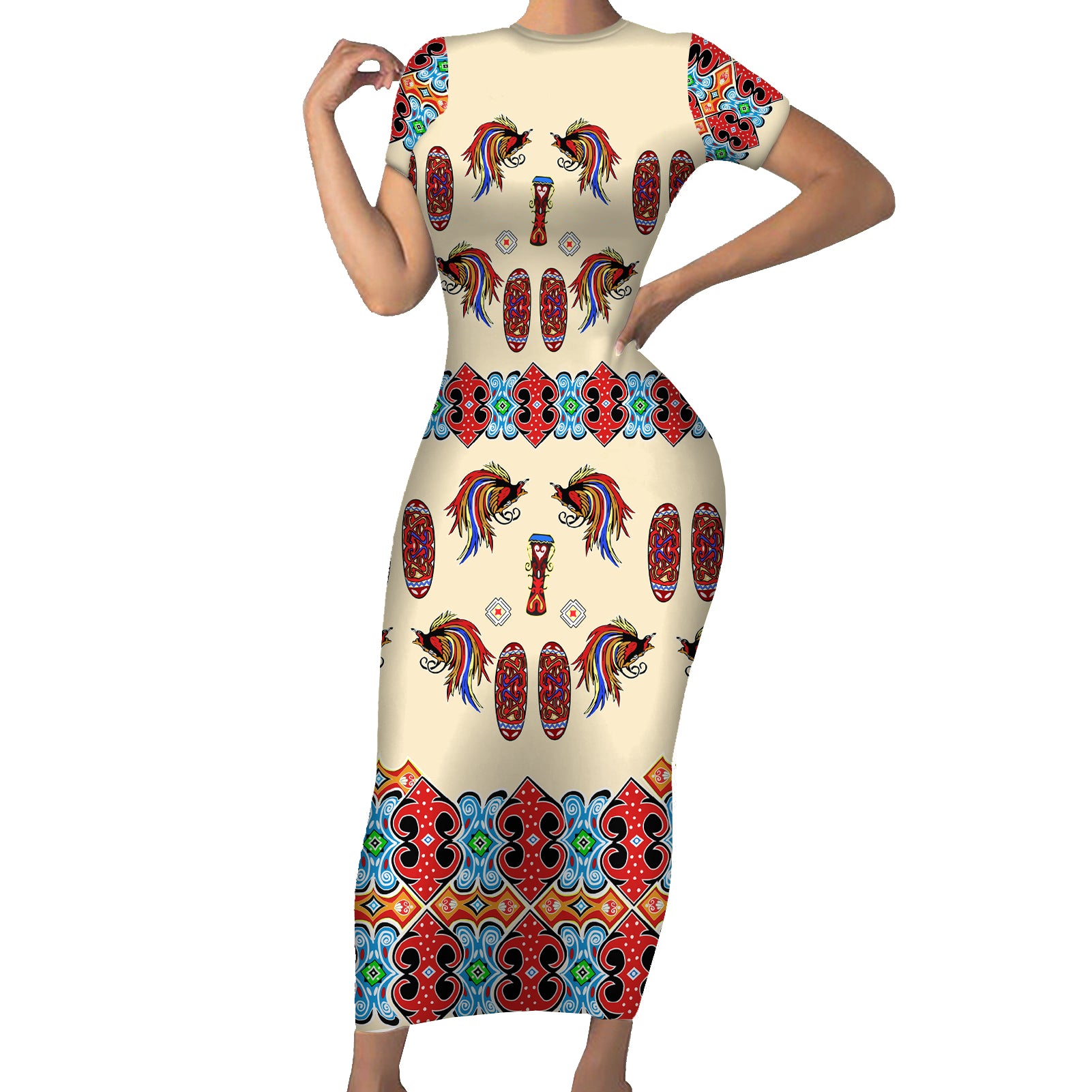 Papua Batik Motif Bird Of Paradise and Native Papuan Shield Short Sleeve Bodycon Dress LT9 Long Dress Beige - Polynesian Pride