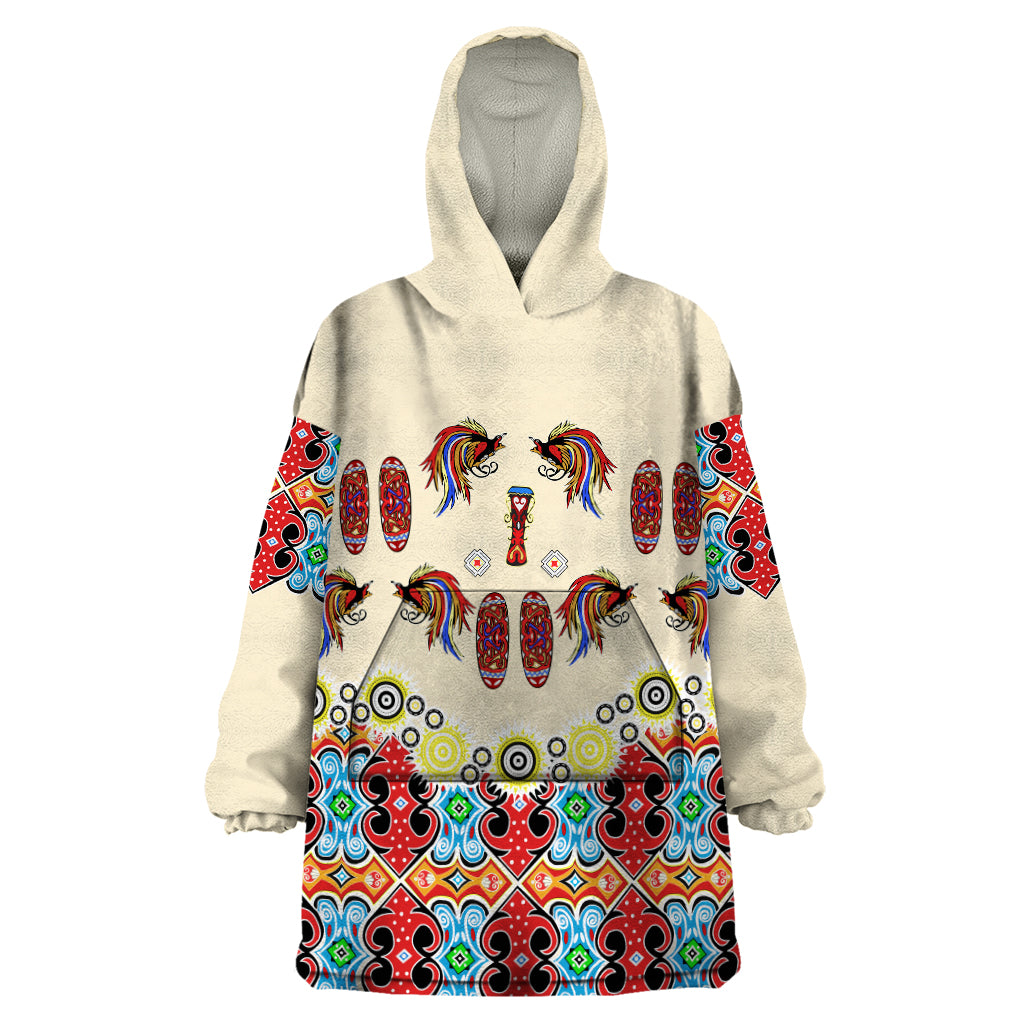 Papua Batik Motif Bird Of Paradise and Native Papuan Shield Wearable Blanket Hoodie LT9 One Size Beige - Polynesian Pride