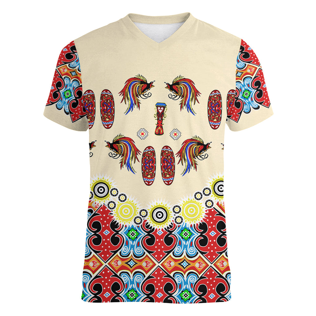 Papua Batik Motif Bird Of Paradise and Native Papuan Shield Women V Neck T Shirt LT9 Female Beige - Polynesian Pride