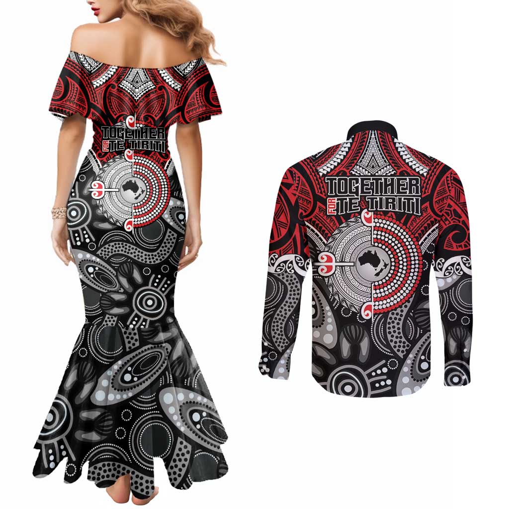 Aotearoa and Australia Couples Matching Mermaid Dress and Long Sleeve Button Shirt New Zealand Honour The Treaty Ake!Ake!Ake!
