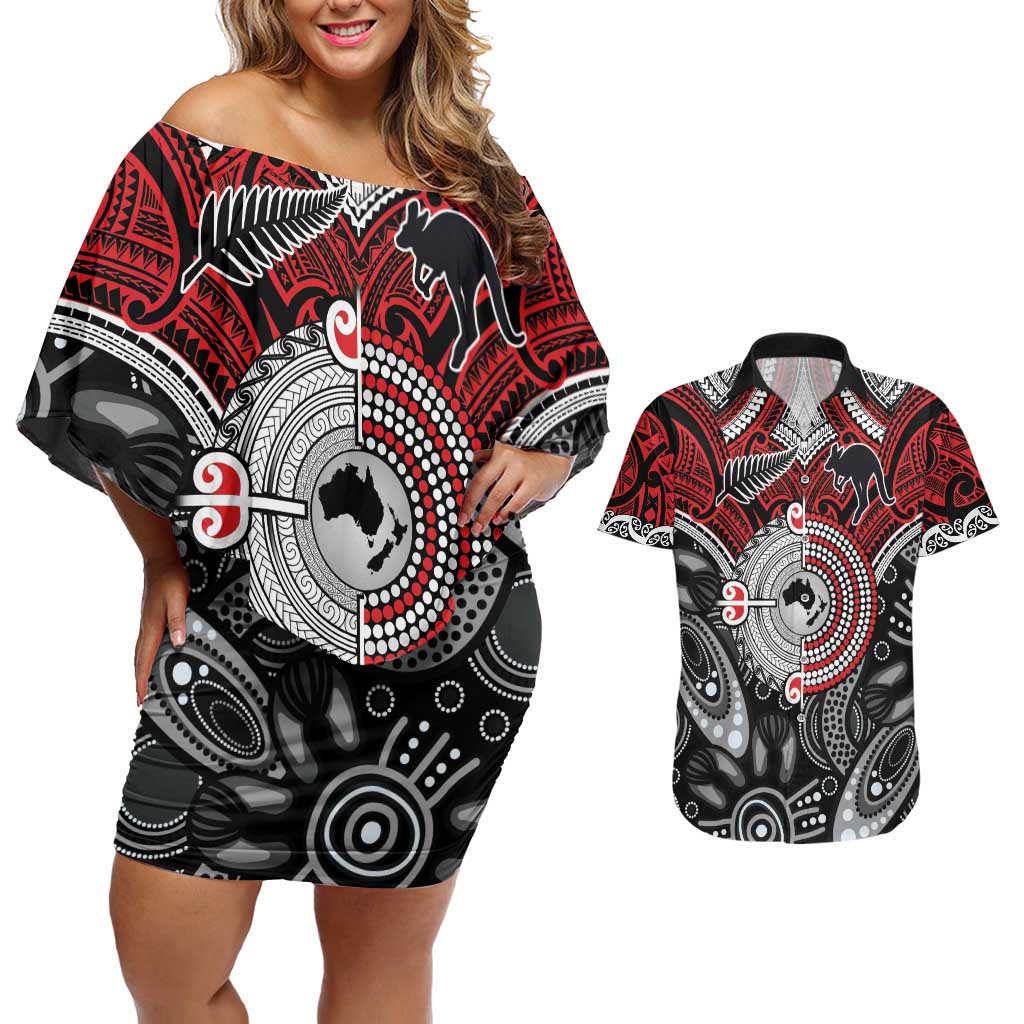 Aotearoa and Australia Couples Matching Off Shoulder Short Dress and Hawaiian Shirt New Zealand Honour The Treaty Ake!Ake!Ake! LT9 Red - Polynesian Pride