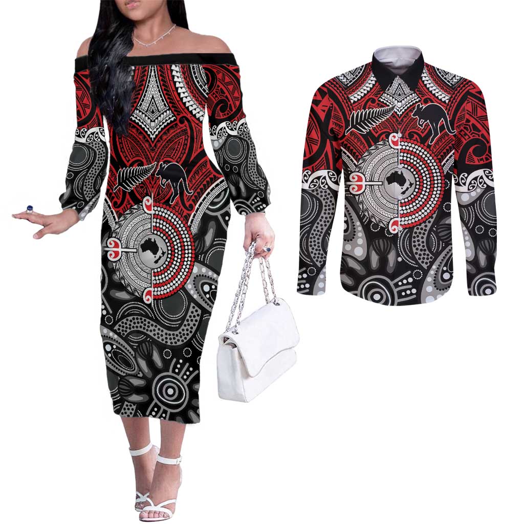 Aotearoa and Australia Couples Matching Off The Shoulder Long Sleeve Dress and Long Sleeve Button Shirt New Zealand Honour The Treaty Ake!Ake!Ake! LT9 Red - Polynesian Pride