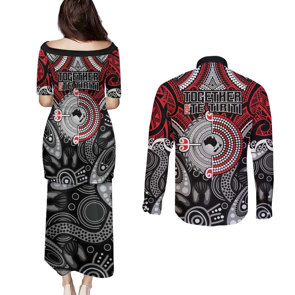 Aotearoa and Australia Couples Matching Puletasi and Long Sleeve Button Shirt New Zealand Honour The Treaty Ake!Ake!Ake!