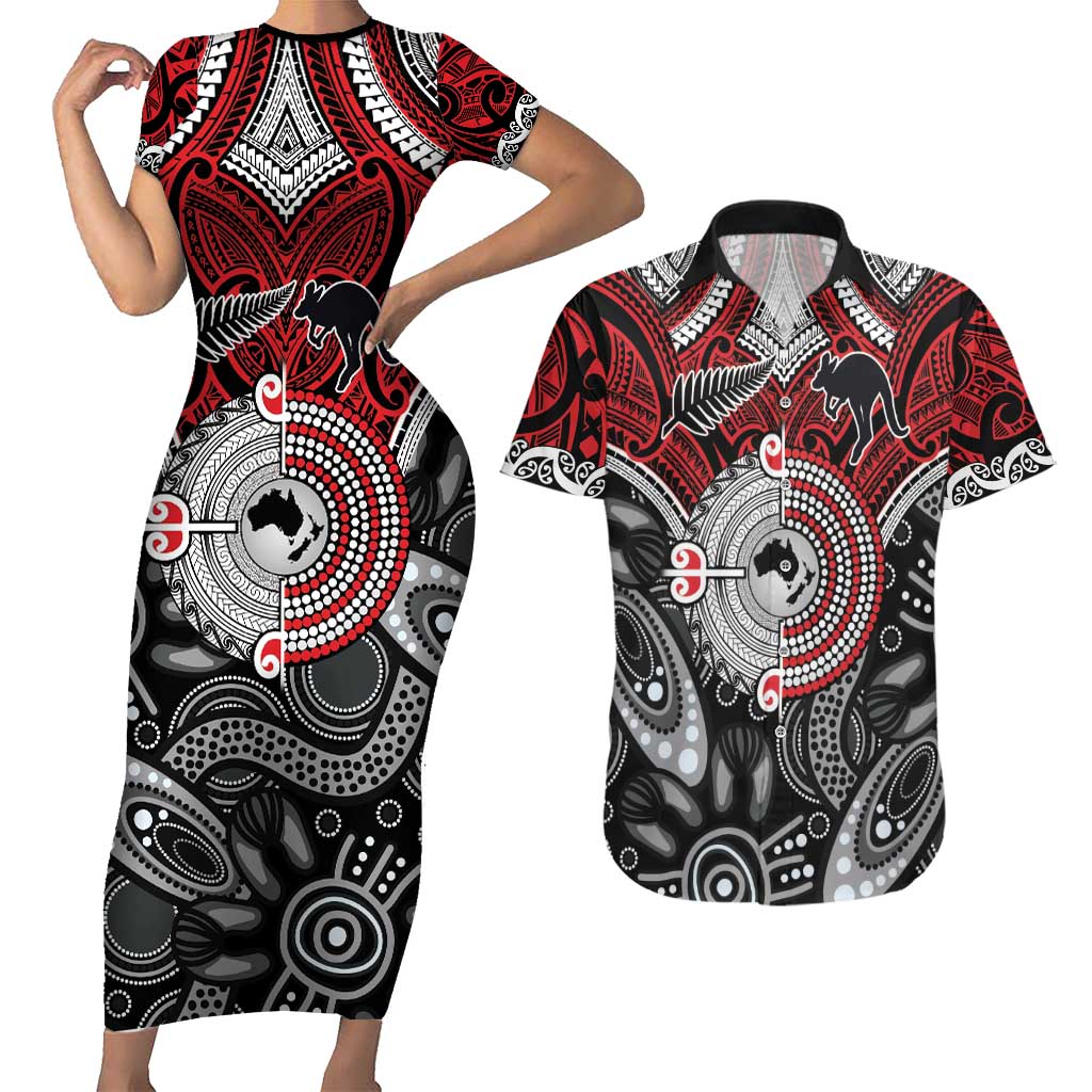Aotearoa and Australia Couples Matching Short Sleeve Bodycon Dress and Hawaiian Shirt New Zealand Honour The Treaty Ake!Ake!Ake! LT9 Red - Polynesian Pride