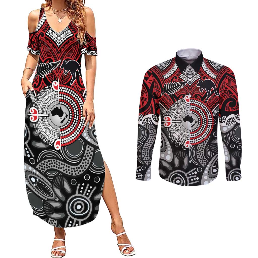 Aotearoa and Australia Couples Matching Summer Maxi Dress and Long Sleeve Button Shirt New Zealand Honour The Treaty Ake!Ake!Ake! LT9 Red - Polynesian Pride