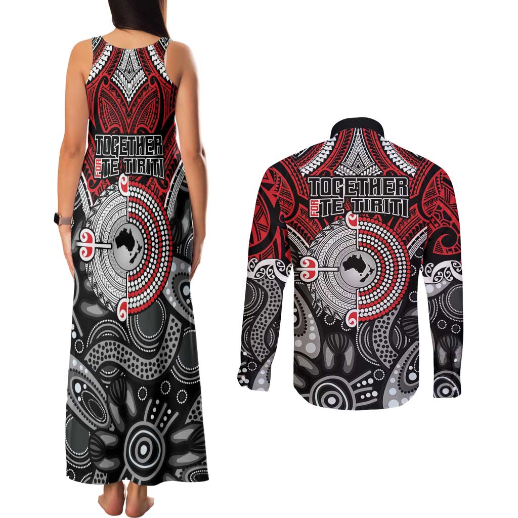 Aotearoa and Australia Couples Matching Tank Maxi Dress and Long Sleeve Button Shirt New Zealand Honour The Treaty Ake!Ake!Ake!