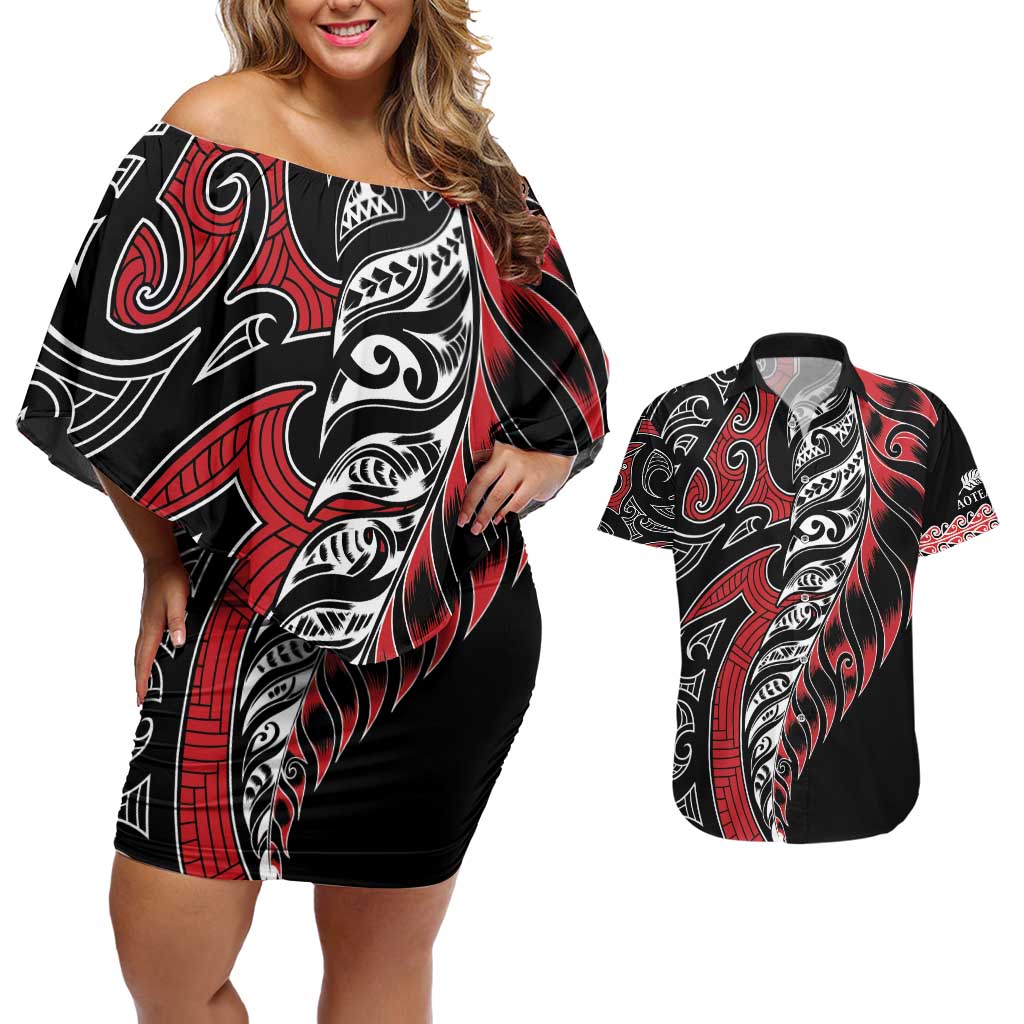 Koru Fern New Zealand Couples Matching Off Shoulder Short Dress and Hawaiian Shirt Maori Tribal Pattern LT9 Red - Polynesian Pride