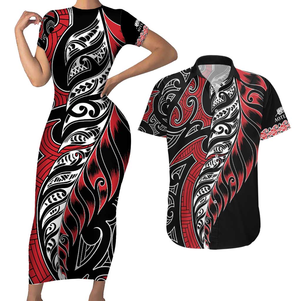 Koru Fern New Zealand Couples Matching Short Sleeve Bodycon Dress and Hawaiian Shirt Maori Tribal Pattern LT9 Red - Polynesian Pride