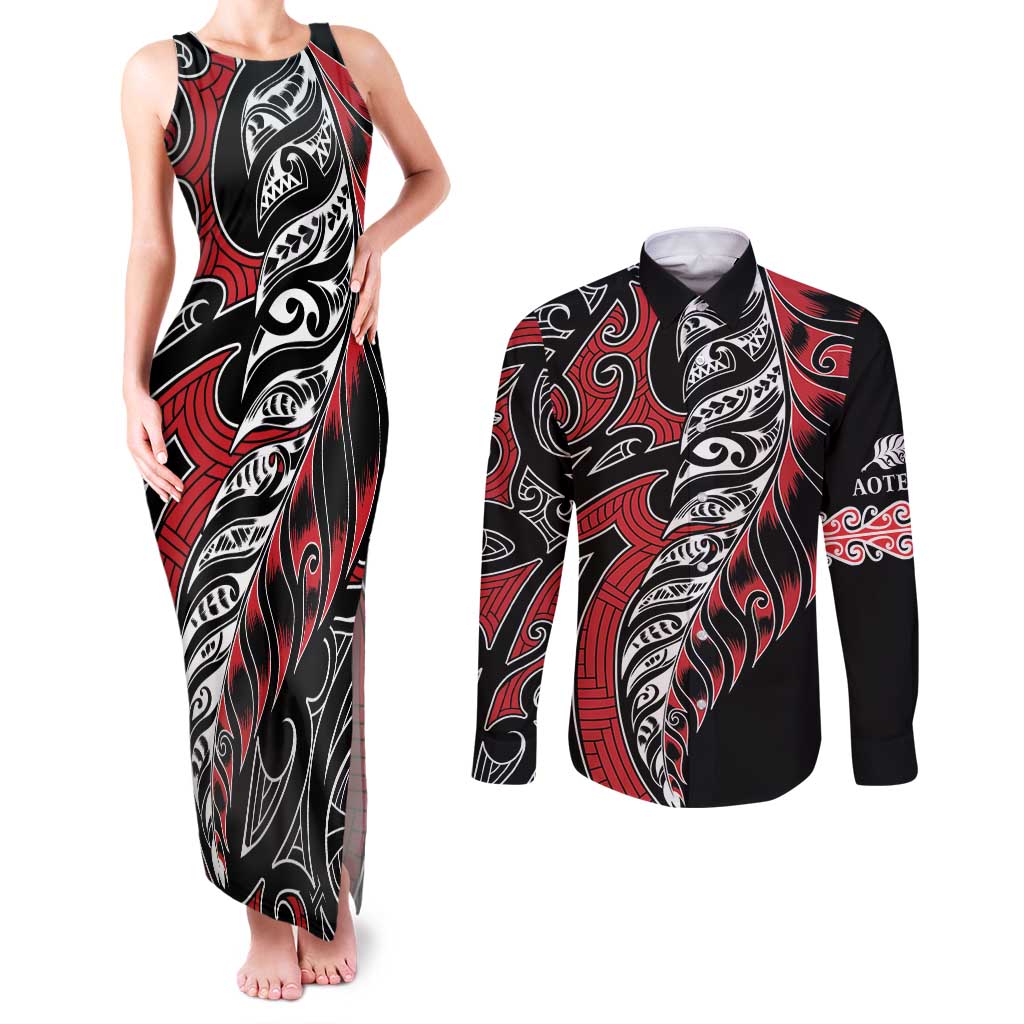 Koru Fern New Zealand Couples Matching Tank Maxi Dress and Long Sleeve Button Shirt Maori Tribal Pattern LT9 Red - Polynesian Pride