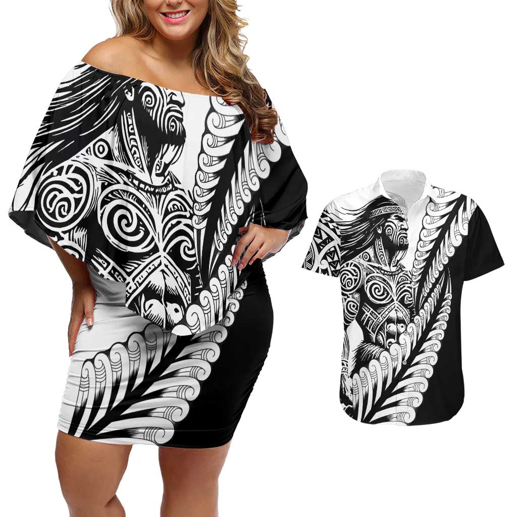 Koru Fern New Zealand Maori Tribal Warrior Couples Matching Off Shoulder Short Dress and Hawaiian Shirt