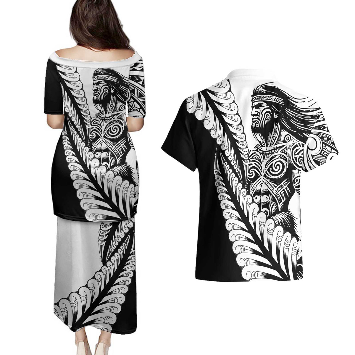 Koru Fern New Zealand Maori Tribal Warrior Couples Matching Puletasi and Hawaiian Shirt
