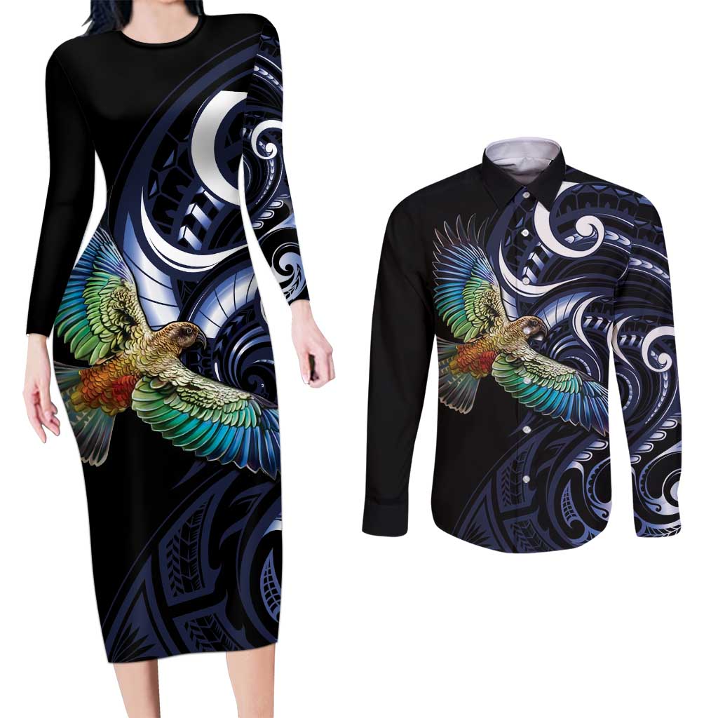 New Zealand Kea Bird Personalised Couples Matching Long Sleeve Bodycon Dress and Long Sleeve Button Shirt Maori Tribal Koru Art