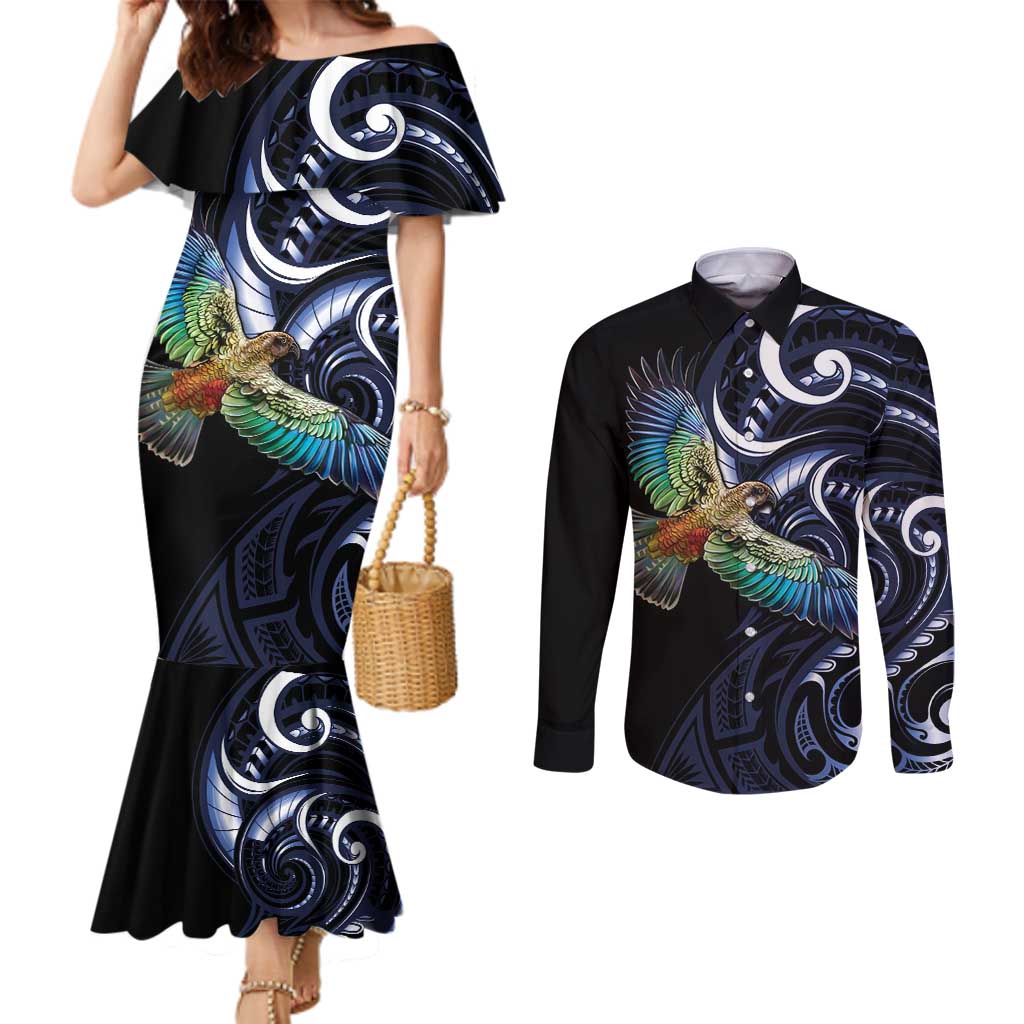 New Zealand Kea Bird Personalised Couples Matching Mermaid Dress and Long Sleeve Button Shirt Maori Tribal Koru Art