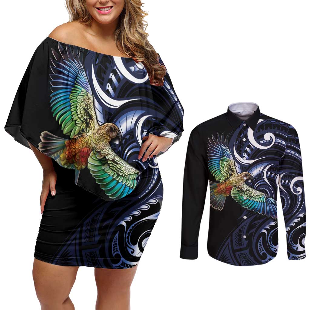 New Zealand Kea Bird Personalised Couples Matching Off Shoulder Short Dress and Long Sleeve Button Shirt Maori Tribal Koru Art