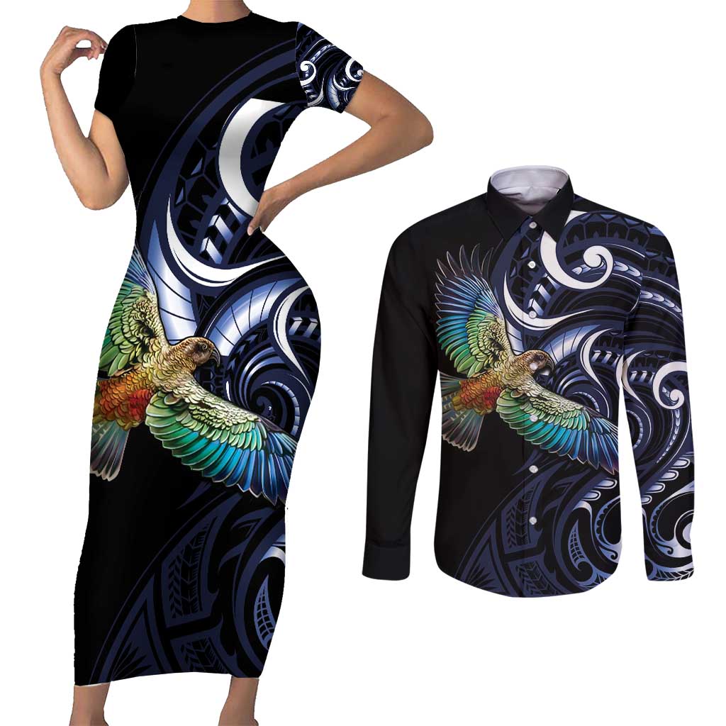 New Zealand Kea Bird Personalised Couples Matching Short Sleeve Bodycon Dress and Long Sleeve Button Shirt Maori Tribal Koru Art