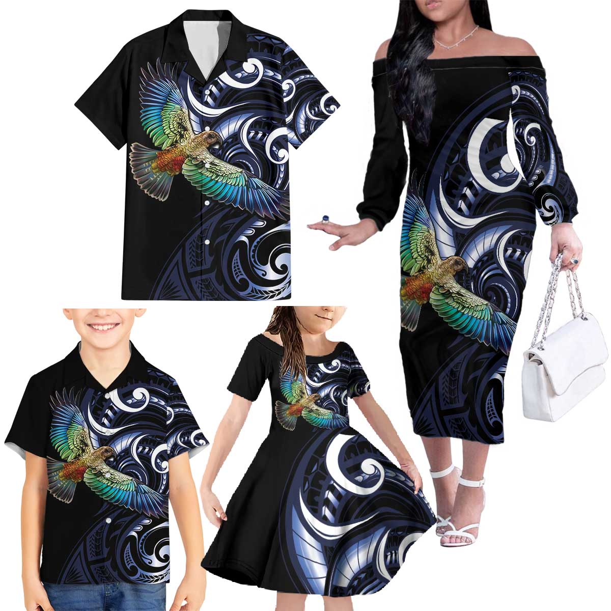 New Zealand Kea Bird Personalised Family Matching Off The Shoulder Long Sleeve Dress and Hawaiian Shirt Maori Tribal Koru Art