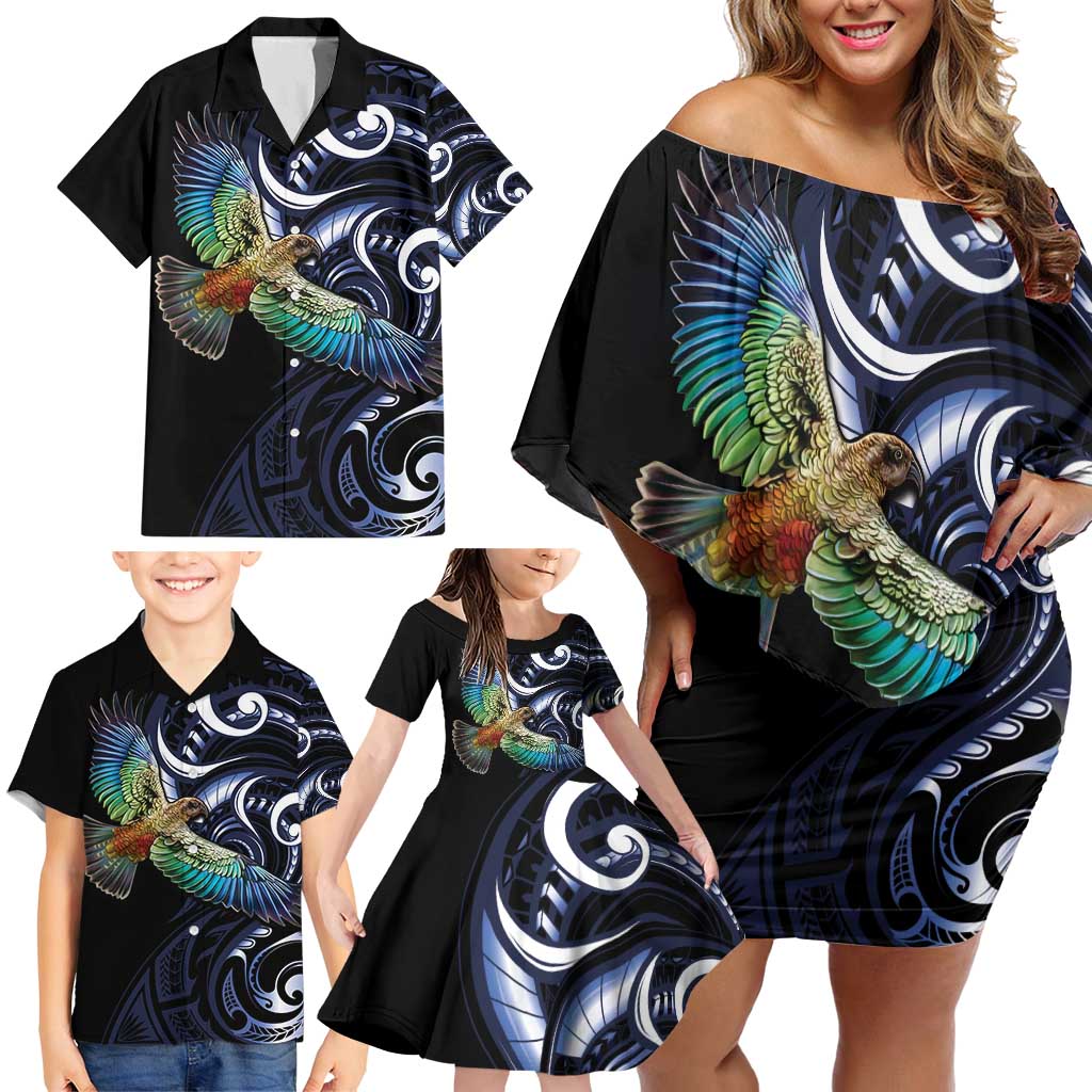 New Zealand Kea Bird Personalised Family Matching Off Shoulder Short Dress and Hawaiian Shirt Maori Tribal Koru Art