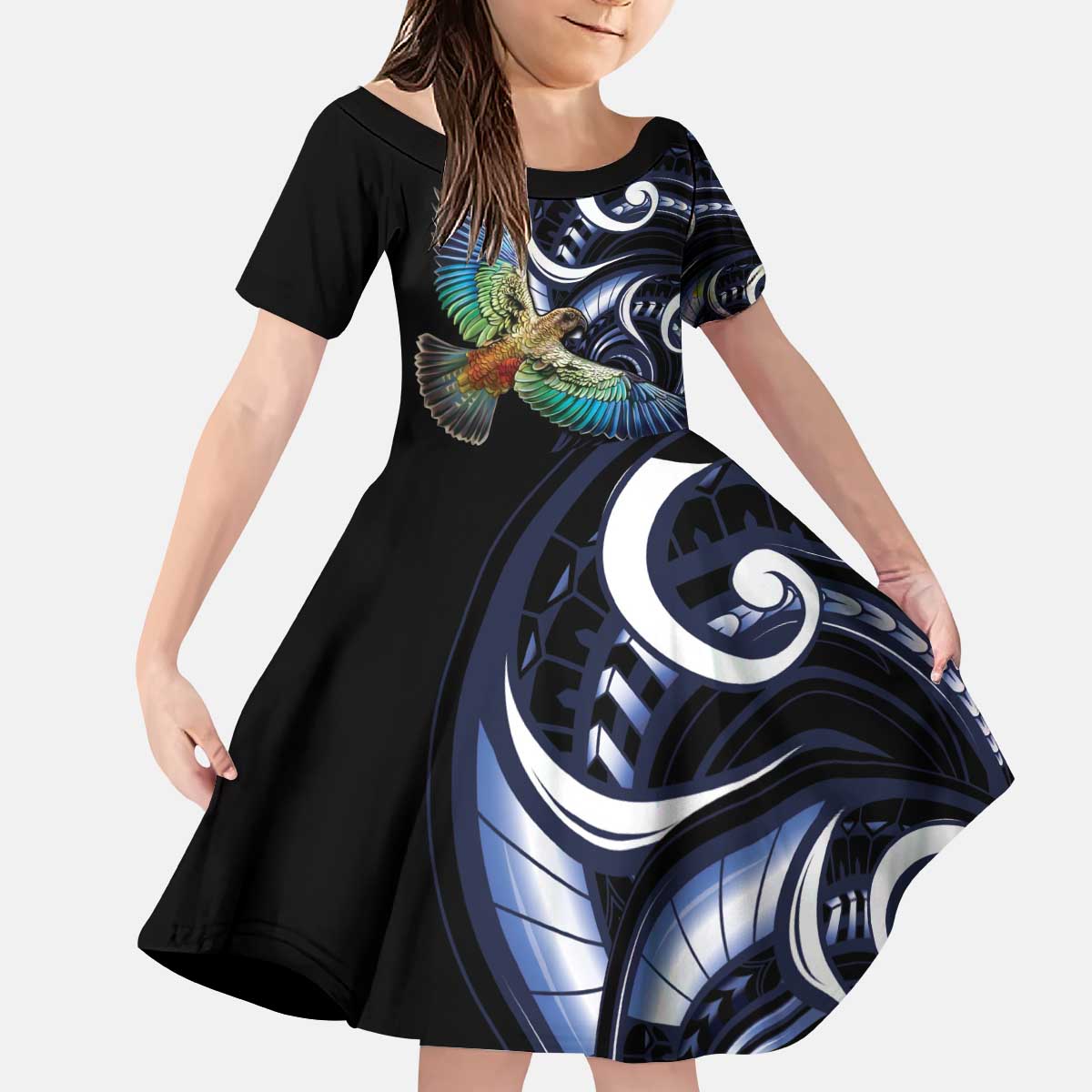 New Zealand Kea Bird Personalised Kid Short Sleeve Dress Maori Tribal Koru Art