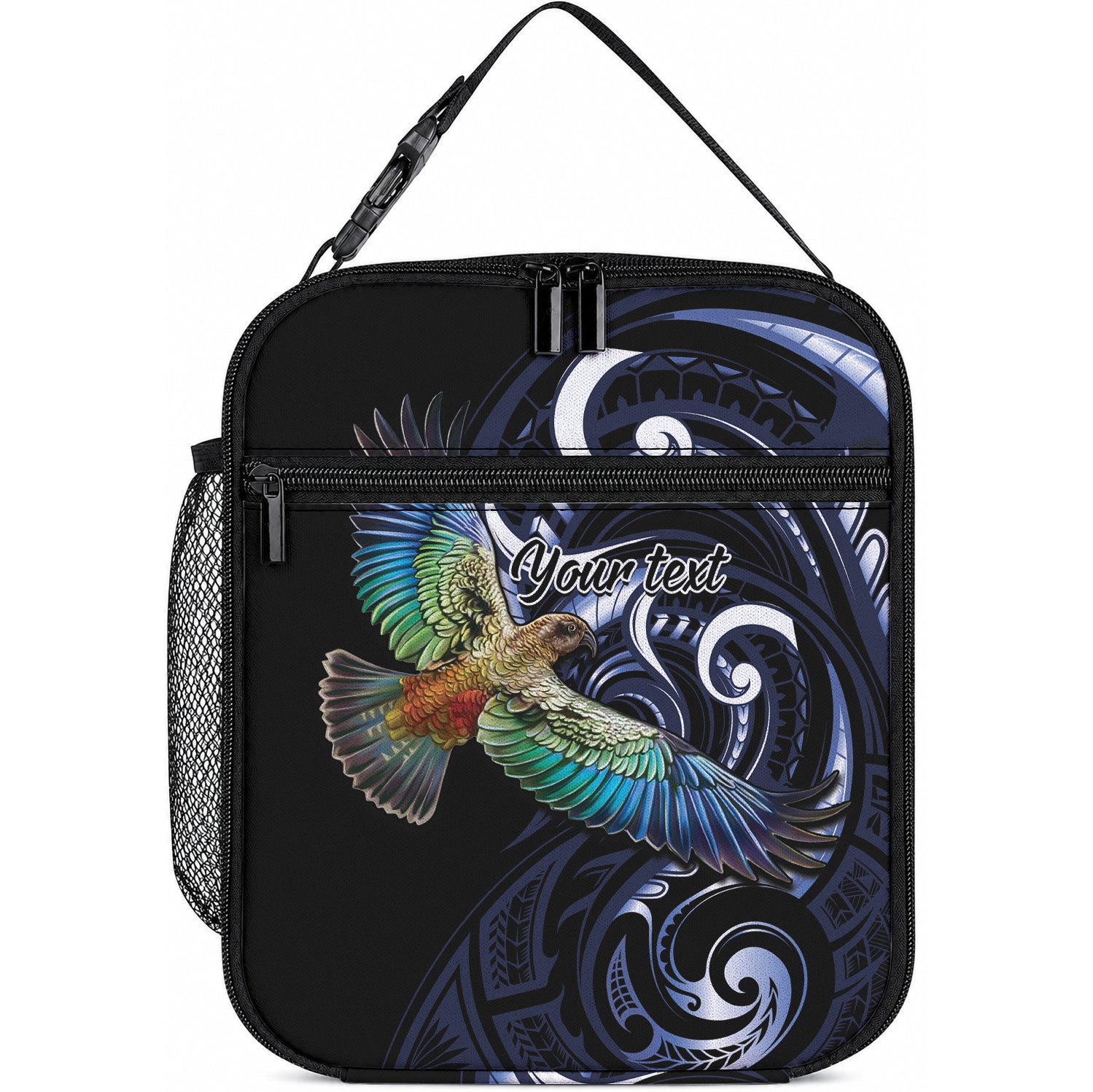 New Zealand Kea Bird Personalised Lunch Bag Maori Tribal Koru Art LT9 10.2 × 8.3 × 4.3 inch Blue - Polynesian Pride