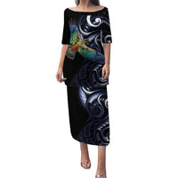 New Zealand Kea Bird Personalised Puletasi Maori Tribal Koru Art LT9 Long Dress Blue - Polynesian Pride