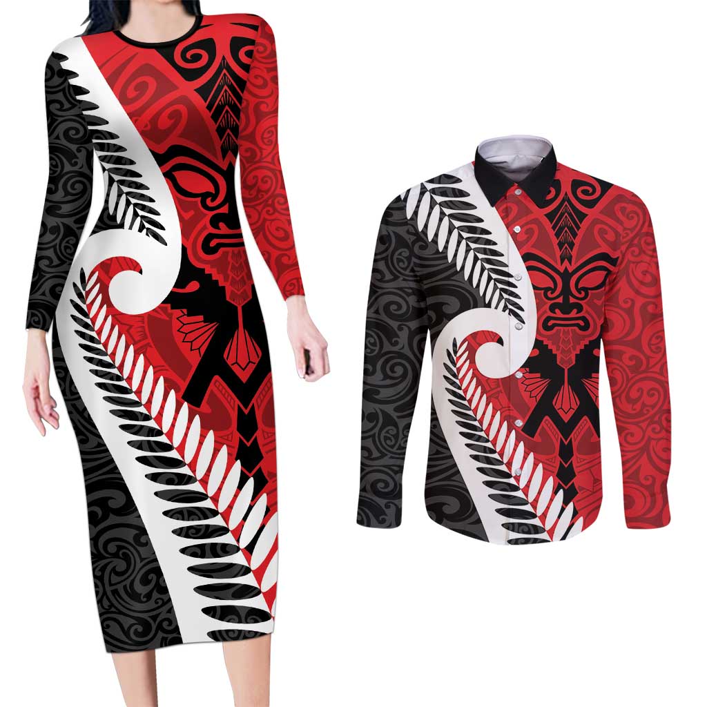 Silver Fern Koru Swirls with Maori Ta Moko Couples Matching Long Sleeve Bodycon Dress and Long Sleeve Button Shirt