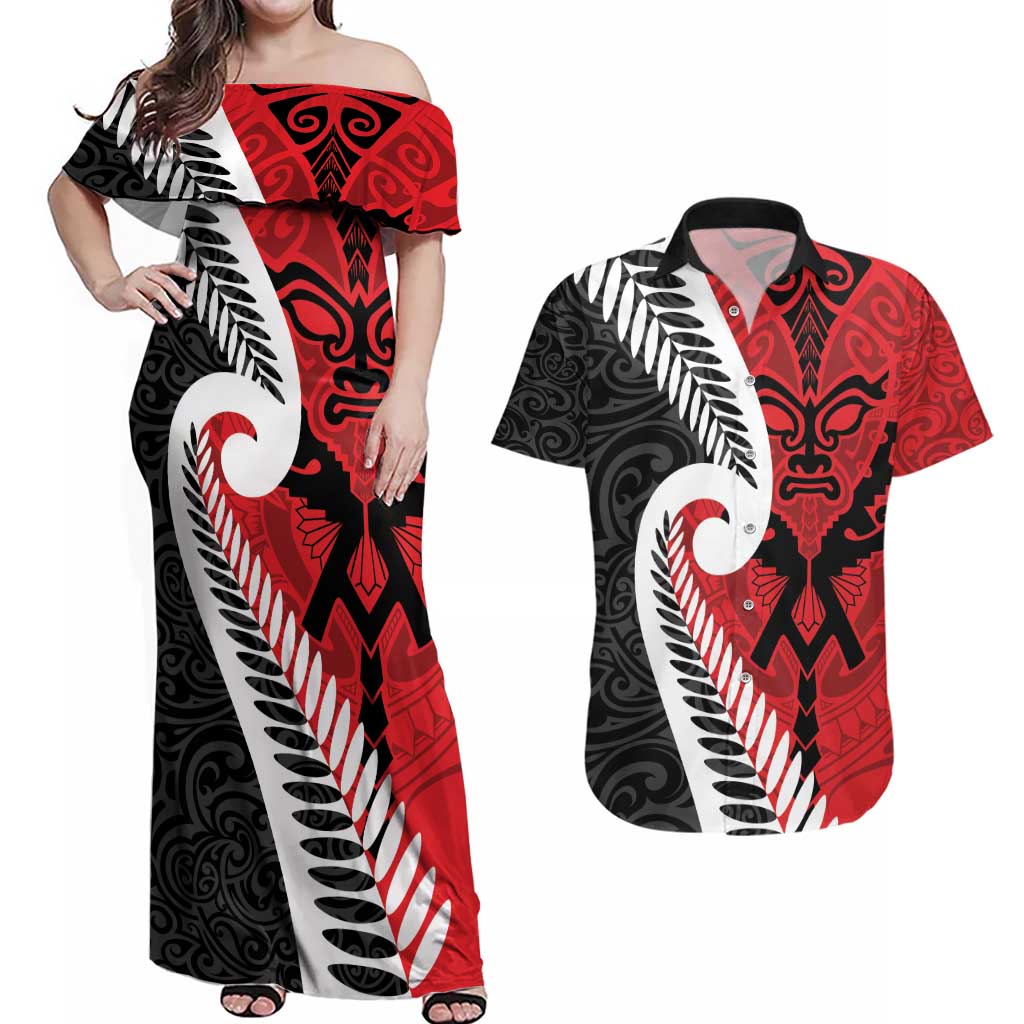 Silver Fern Koru Swirls with Maori Ta Moko Couples Matching Off Shoulder Maxi Dress and Hawaiian Shirt