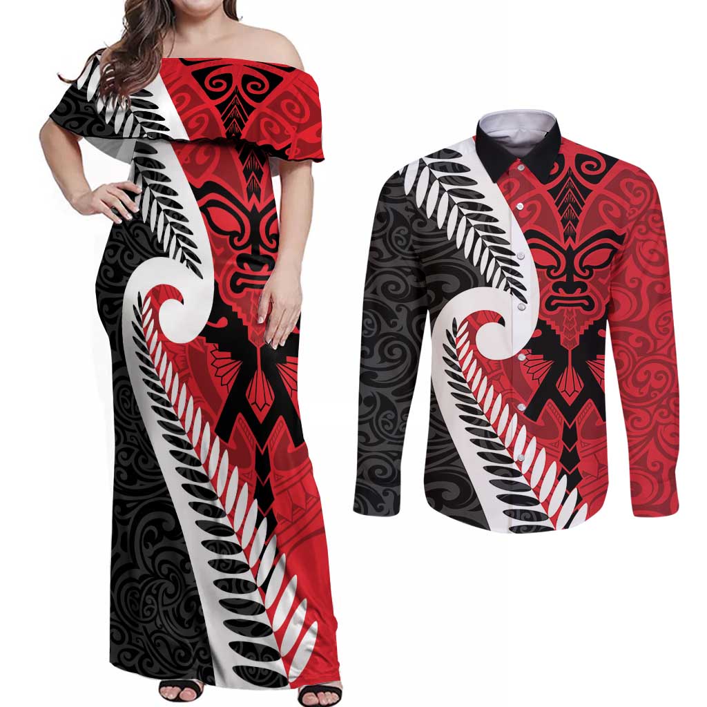 Silver Fern Koru Swirls with Maori Ta Moko Couples Matching Off Shoulder Maxi Dress and Long Sleeve Button Shirt