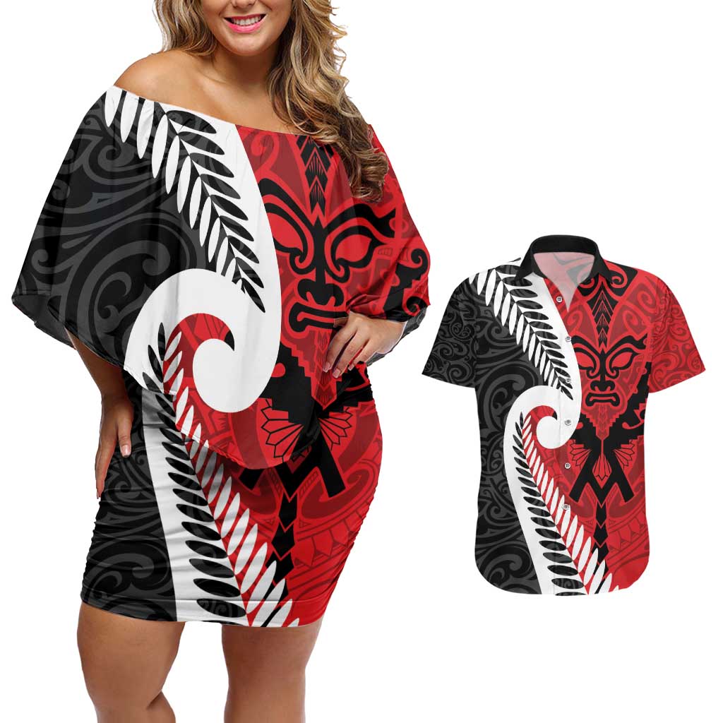 Silver Fern Koru Swirls with Maori Ta Moko Couples Matching Off Shoulder Short Dress and Hawaiian Shirt LT9 Red - Polynesian Pride