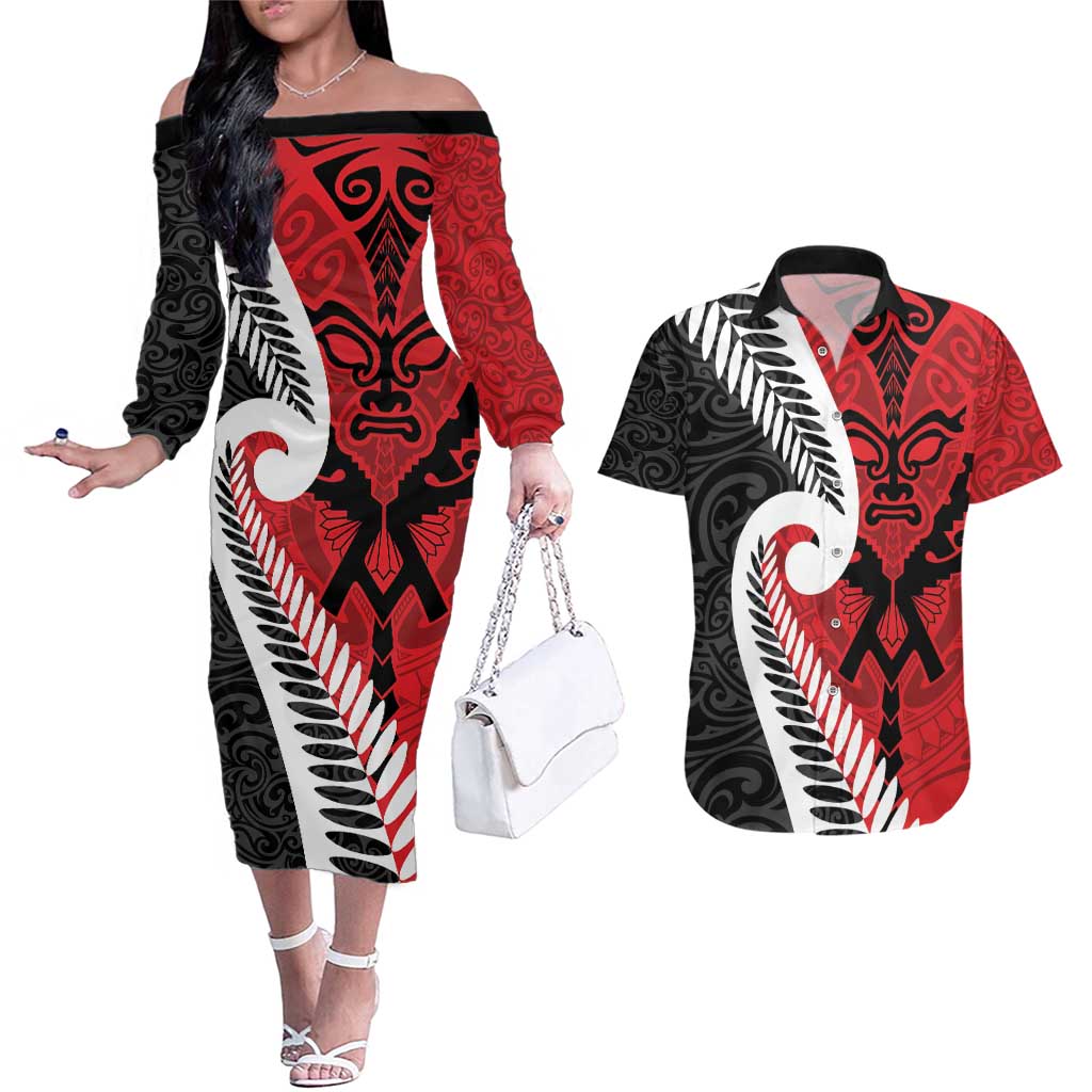 Silver Fern Koru Swirls with Maori Ta Moko Couples Matching Off The Shoulder Long Sleeve Dress and Hawaiian Shirt