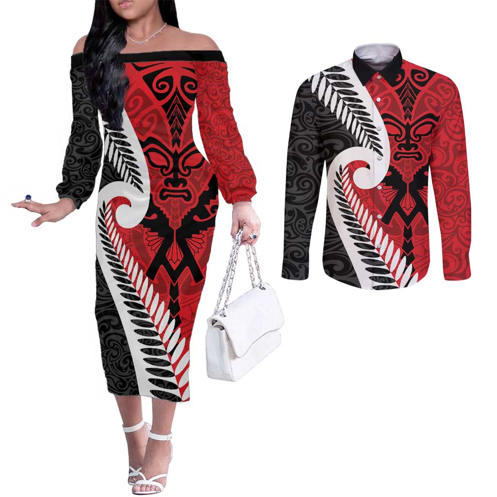 Silver Fern Koru Swirls with Maori Ta Moko Couples Matching Off The Shoulder Long Sleeve Dress and Long Sleeve Button Shirt