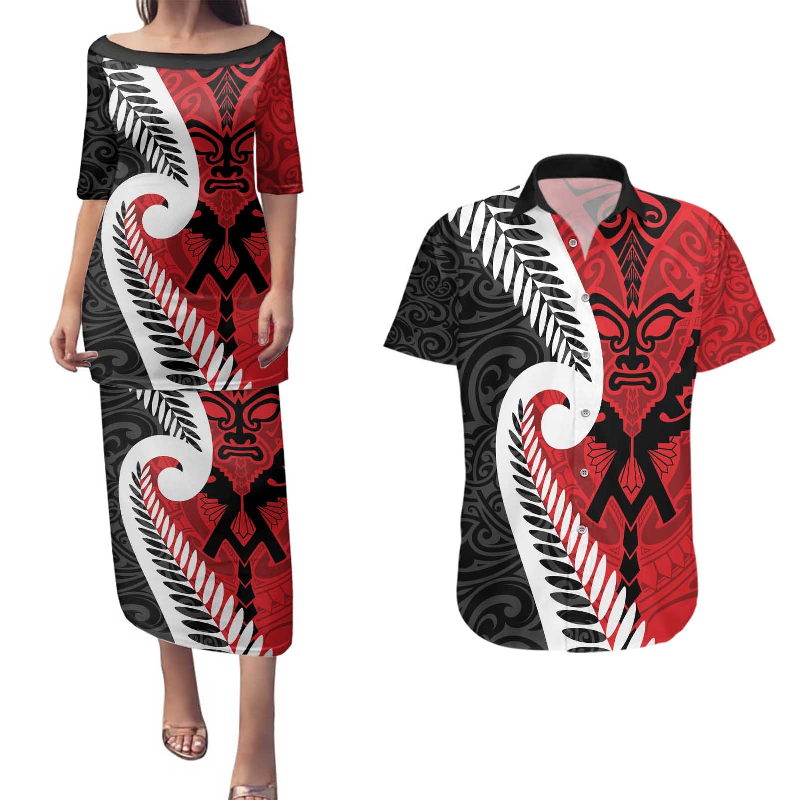 Silver Fern Koru Swirls with Maori Ta Moko Couples Matching Puletasi and Hawaiian Shirt LT9 Red - Polynesian Pride