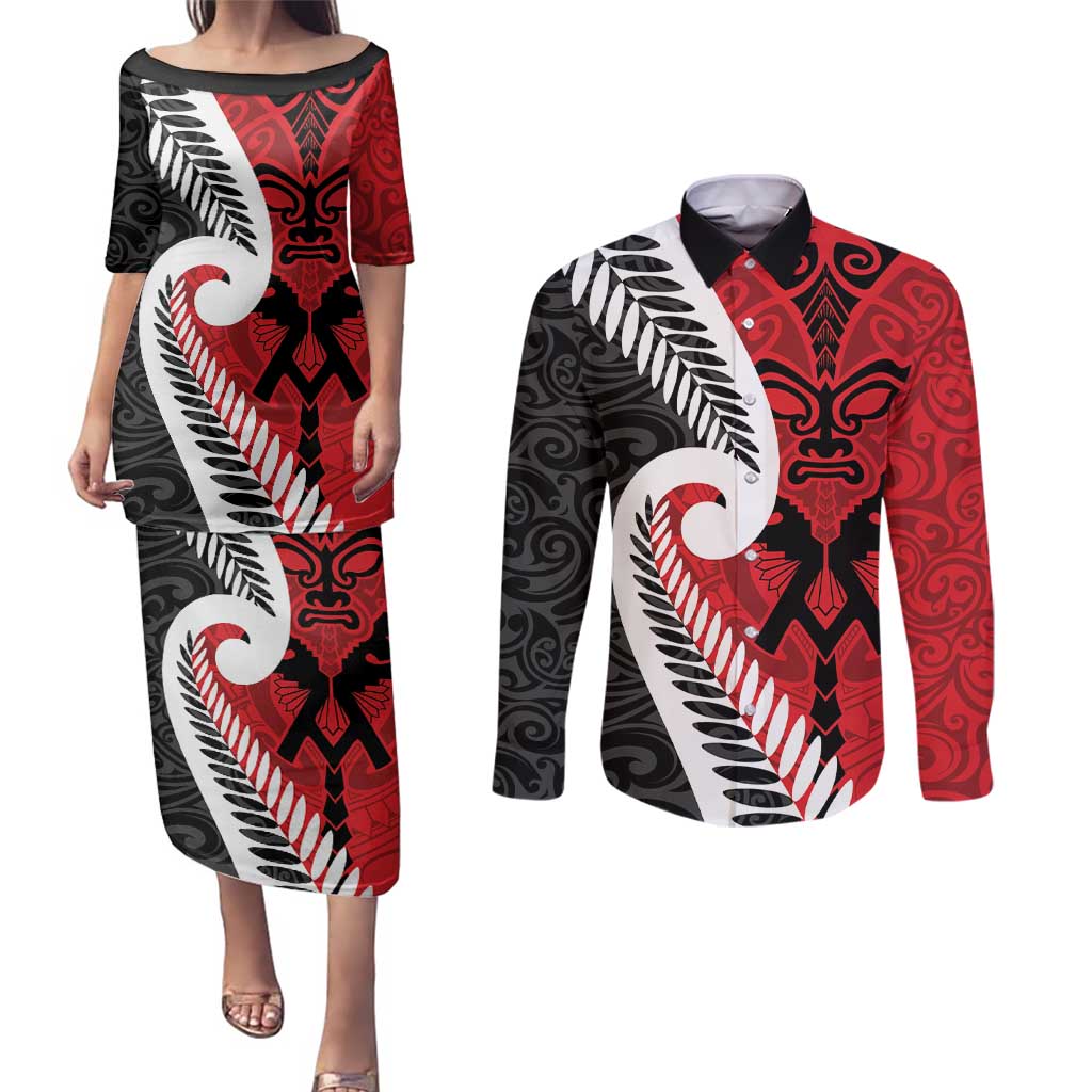 Silver Fern Koru Swirls with Maori Ta Moko Couples Matching Puletasi and Long Sleeve Button Shirt LT9 Red - Polynesian Pride