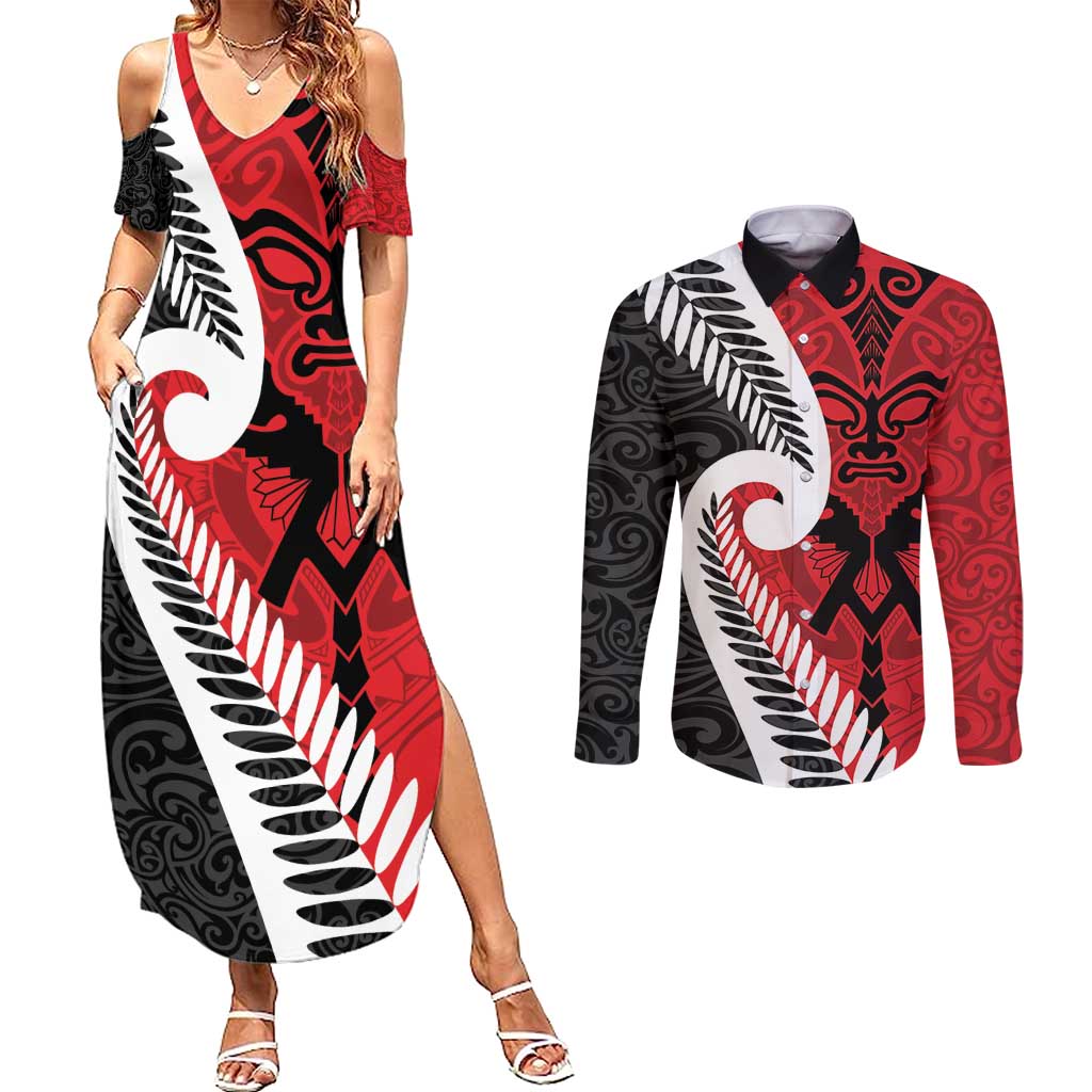 Silver Fern Koru Swirls with Maori Ta Moko Couples Matching Summer Maxi Dress and Long Sleeve Button Shirt