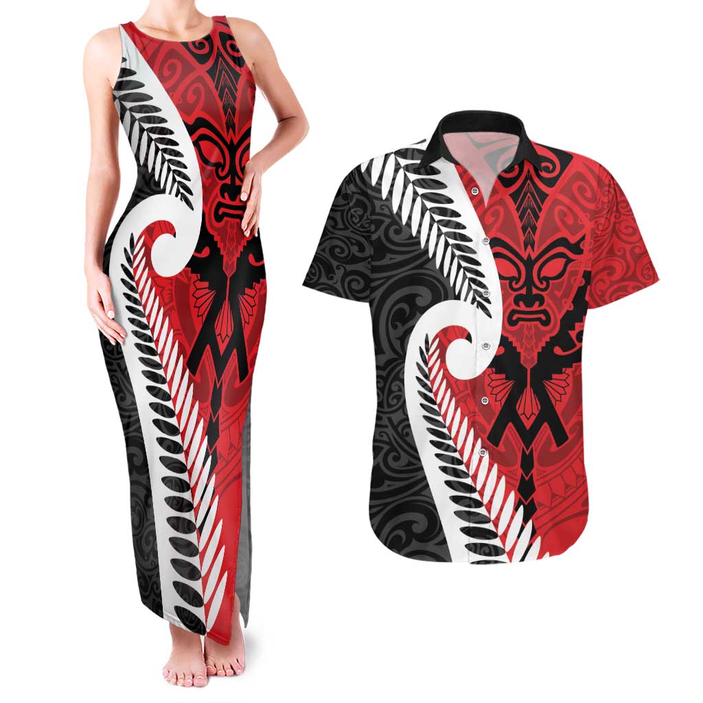 Silver Fern Koru Swirls with Maori Ta Moko Couples Matching Tank Maxi Dress and Hawaiian Shirt