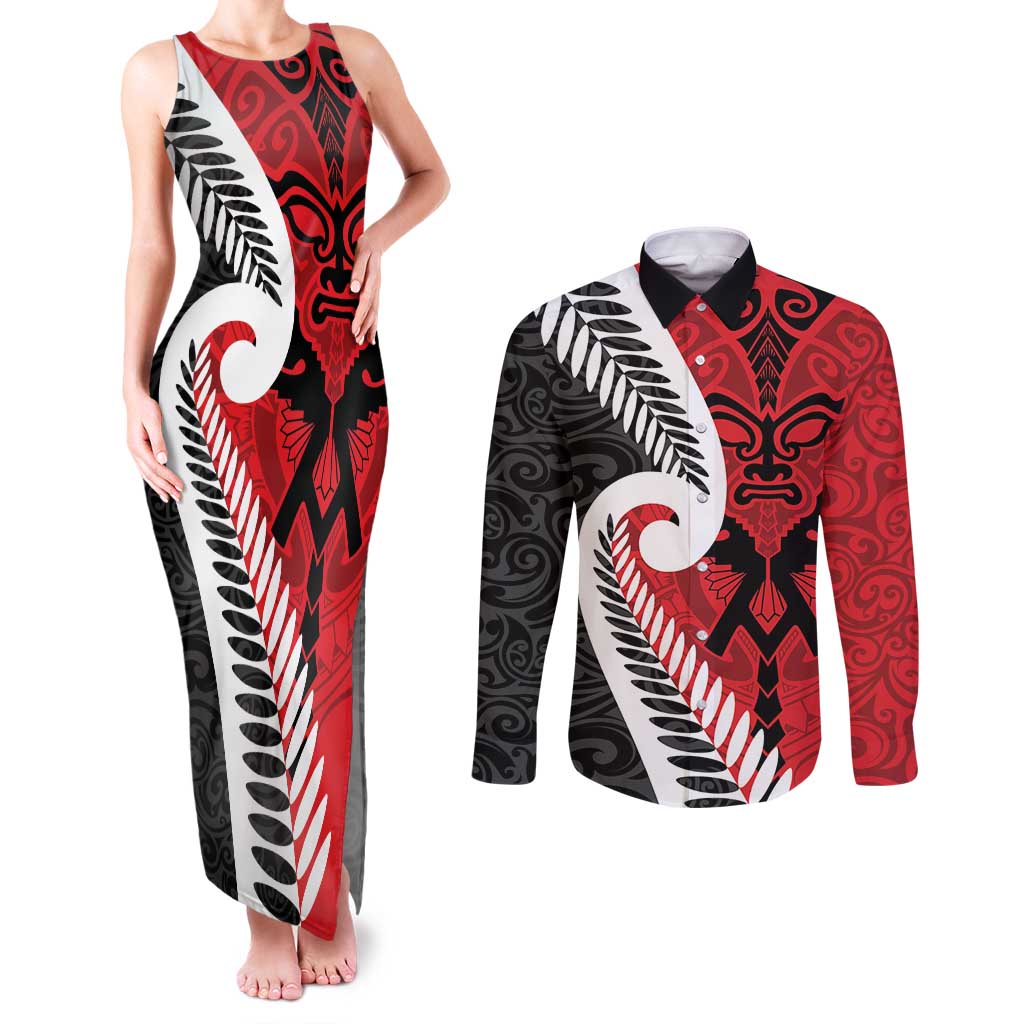 Silver Fern Koru Swirls with Maori Ta Moko Couples Matching Tank Maxi Dress and Long Sleeve Button Shirt LT9 Red - Polynesian Pride