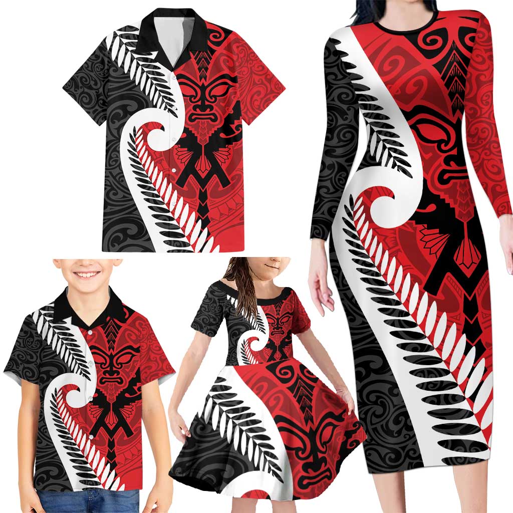 Silver Fern Koru Swirls with Maori Ta Moko Family Matching Long Sleeve Bodycon Dress and Hawaiian Shirt