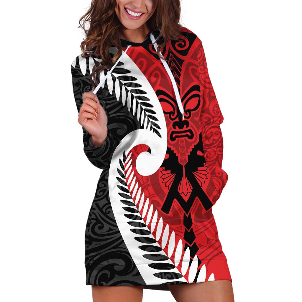 Silver Fern Koru Swirls with Maori Ta Moko Hoodie Dress LT9 Red - Polynesian Pride