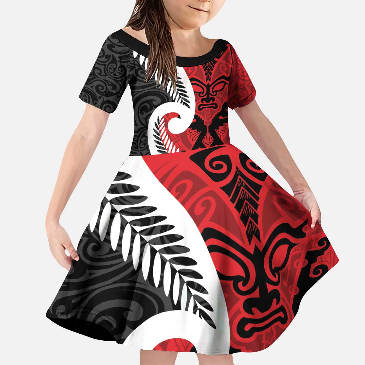 Silver Fern Koru Swirls with Maori Ta Moko Kid Short Sleeve Dress