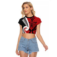 Silver Fern Koru Swirls with Maori Ta Moko Raglan Cropped T Shirt LT9 Female Red - Polynesian Pride