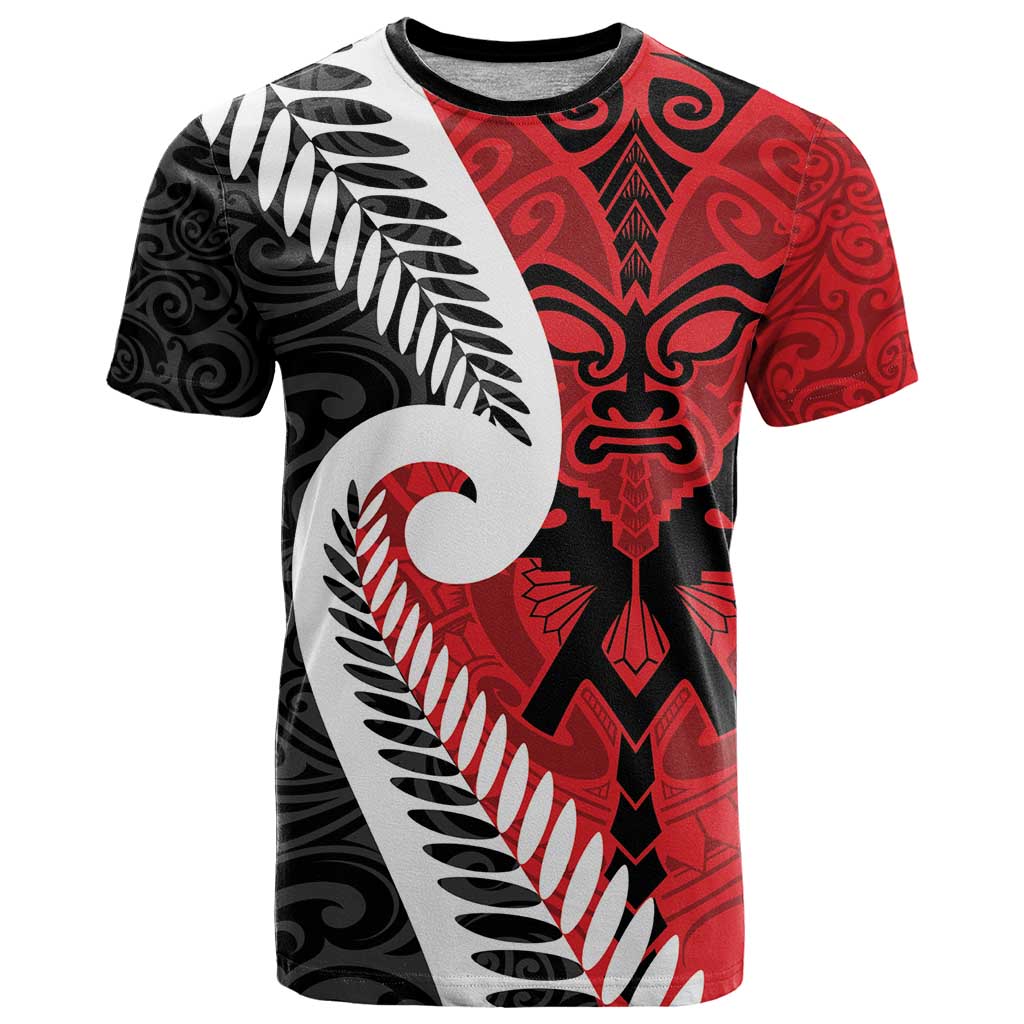 Silver Fern Koru Swirls with Maori Ta Moko T Shirt LT9 Red - Polynesian Pride