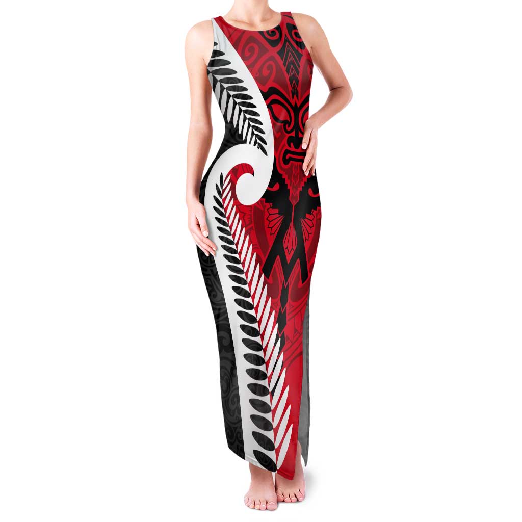 Silver Fern Koru Swirls with Maori Ta Moko Tank Maxi Dress LT9 Women Red - Polynesian Pride
