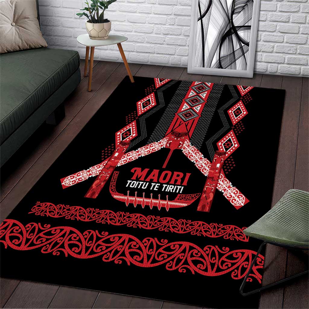 Toitu Te Tiriti Waitangi Area Rug Black Wharenui House - Polynesian Pride