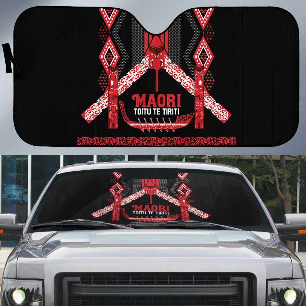 Toitu Te Tiriti Waitangi Auto Sun Shade Black Wharenui House - Polynesian Pride