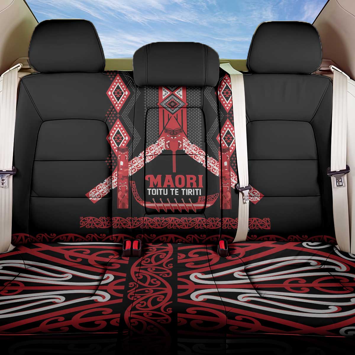 Toitu Te Tiriti Waitangi Back Car Seat Cover Black Wharenui House - Polynesian Pride