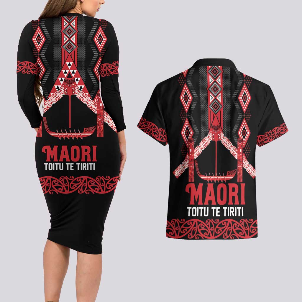 Toitu Te Tiriti Waitangi Couples Matching Long Sleeve Bodycon Dress and Hawaiian Shirt Black Wharenui House - Polynesian Pride
