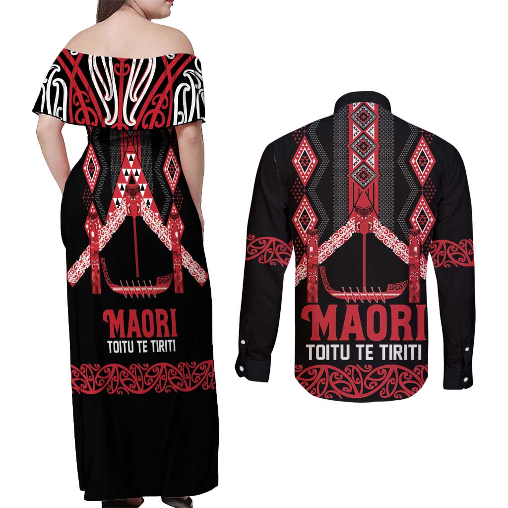 Toitu Te Tiriti Waitangi Couples Matching Off Shoulder Maxi Dress and Long Sleeve Button Shirt Black Wharenui House - Polynesian Pride