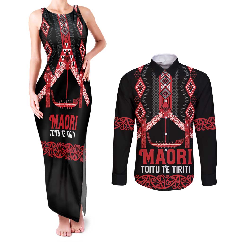 Toitu Te Tiriti Waitangi Couples Matching Tank Maxi Dress and Long Sleeve Button Shirt Black Wharenui House - Polynesian Pride
