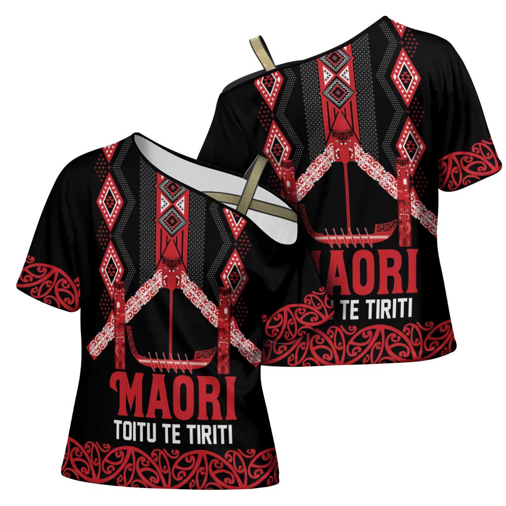 Toitu Te Tiriti Waitangi Cross Shoulder Shirt Black Wharenui House LT9 - Polynesian Pride