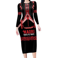 Toitu Te Tiriti Waitangi Family Matching Long Sleeve Bodycon Dress and Hawaiian Shirt Black Wharenui House - Polynesian Pride