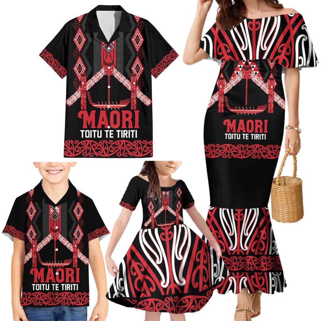 Toitu Te Tiriti Waitangi Family Matching Mermaid Dress and Hawaiian Shirt Black Wharenui House - Polynesian Pride
